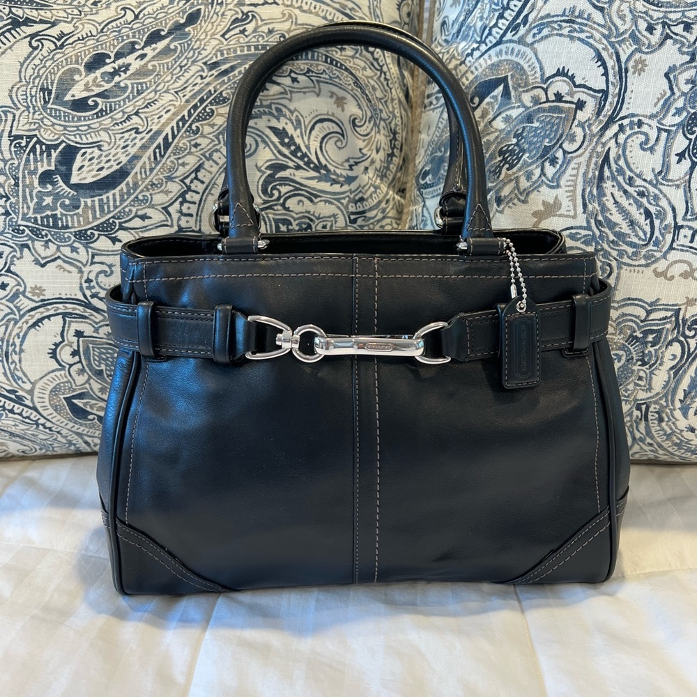 Coach Black Leather Tote with Silver Hardware